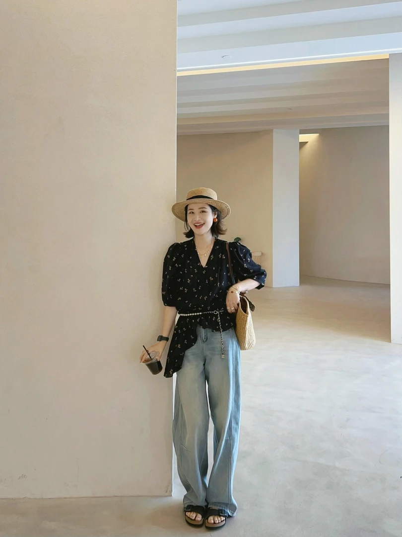2025夏季新款法式气质碎花泡泡袖雪纺薄款衬衫女牛仔裤显瘦两件套