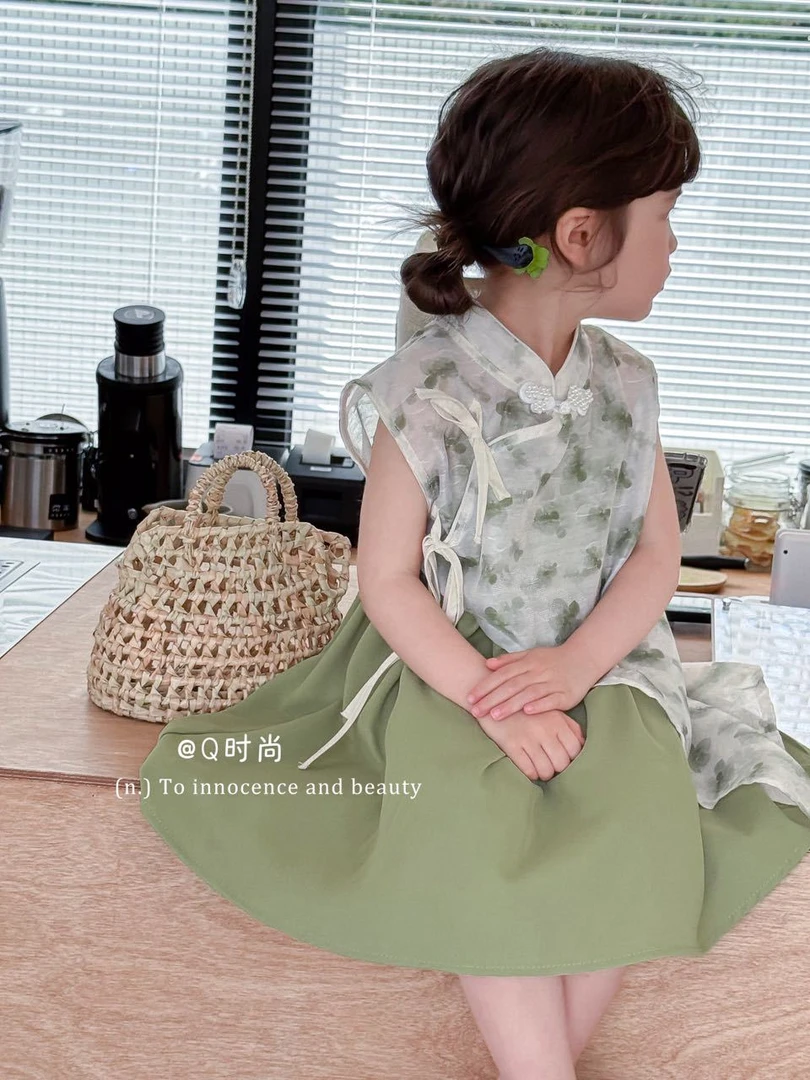 女童夏季新款国风吊带旗袍时尚休闲气质套装儿童夏款提花两件套