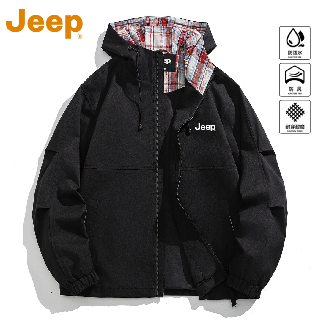 JEEP吉普黑色美式工装连帽夹克男款春秋防风防水宽松秋装冲锋外套
