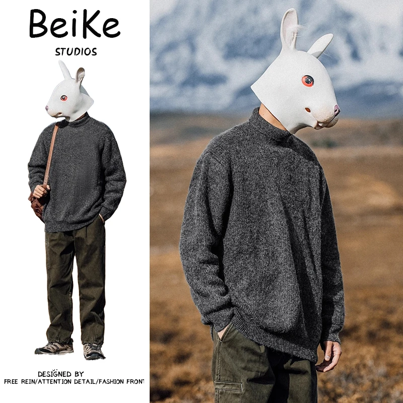 日系复古加厚可翻高领毛衣男士冬季保暖毛线衣潮牌纯色套头针织衫