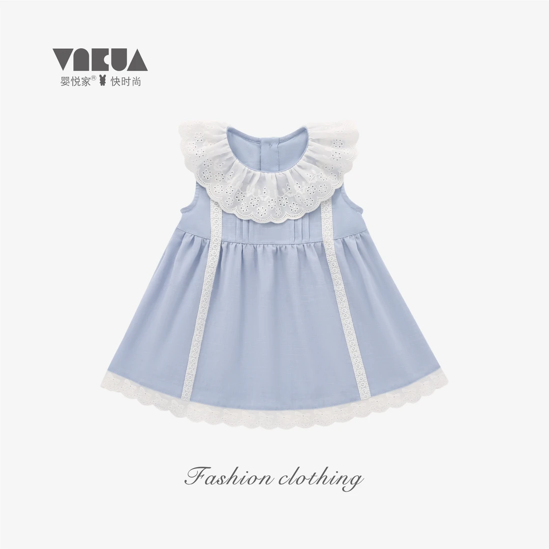 婴悦家女童时尚无袖夏季女宝娃娃领甜美拼接蓝色精灵连衣裙88727