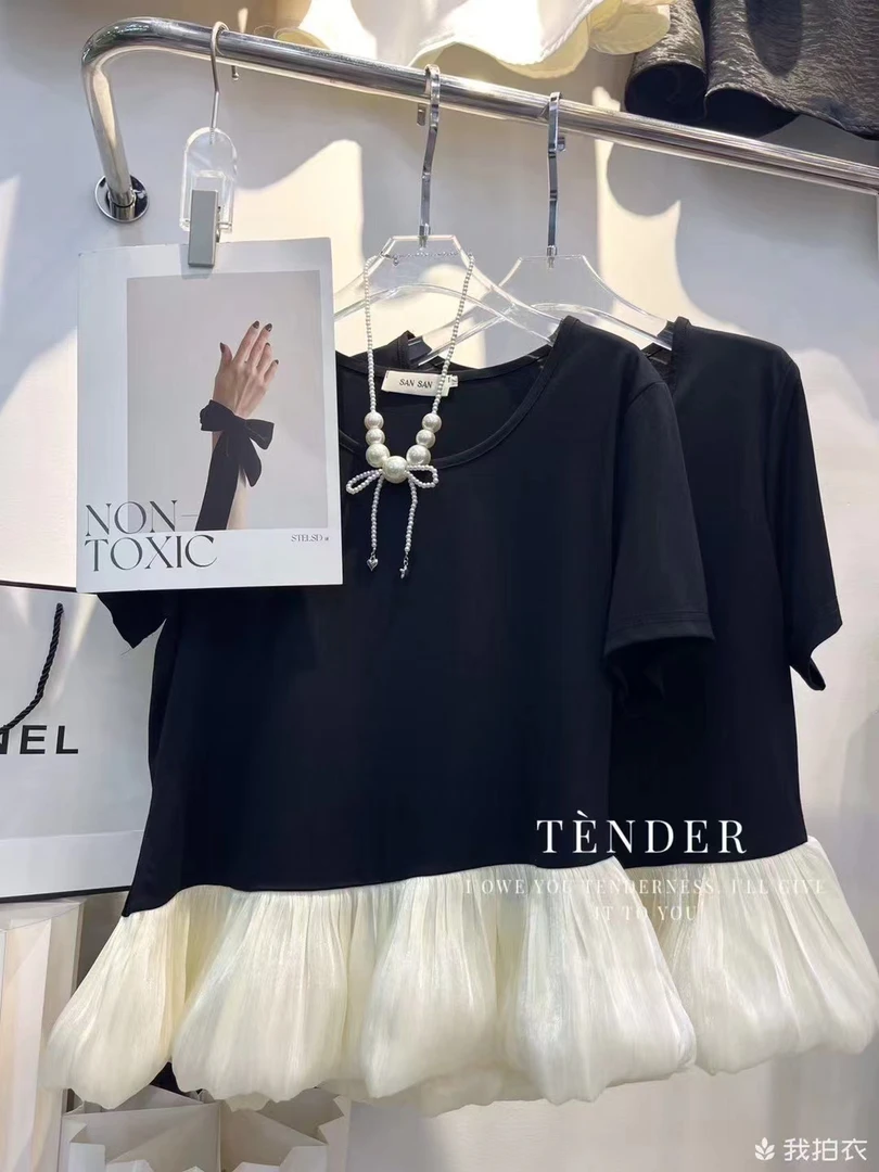 添禧家：法式拼接夏季荷叶边不规则斜襟半袖圆领上衣3