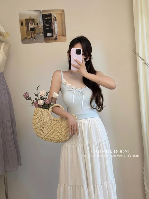 CARMENROOM 配胸垫蕾丝花边绑带蝴蝶结吊带背心显瘦百搭温柔上衣