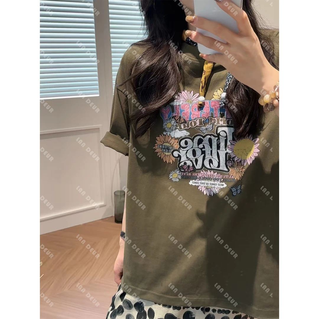 JIUJIU【绯色梦境】100%棉休闲夏季复古舒适透气宽松印花百搭T恤