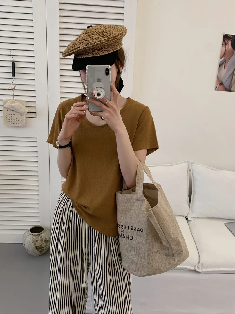 【主播推荐】女士后领贝壳U领正肩短袖T恤81710