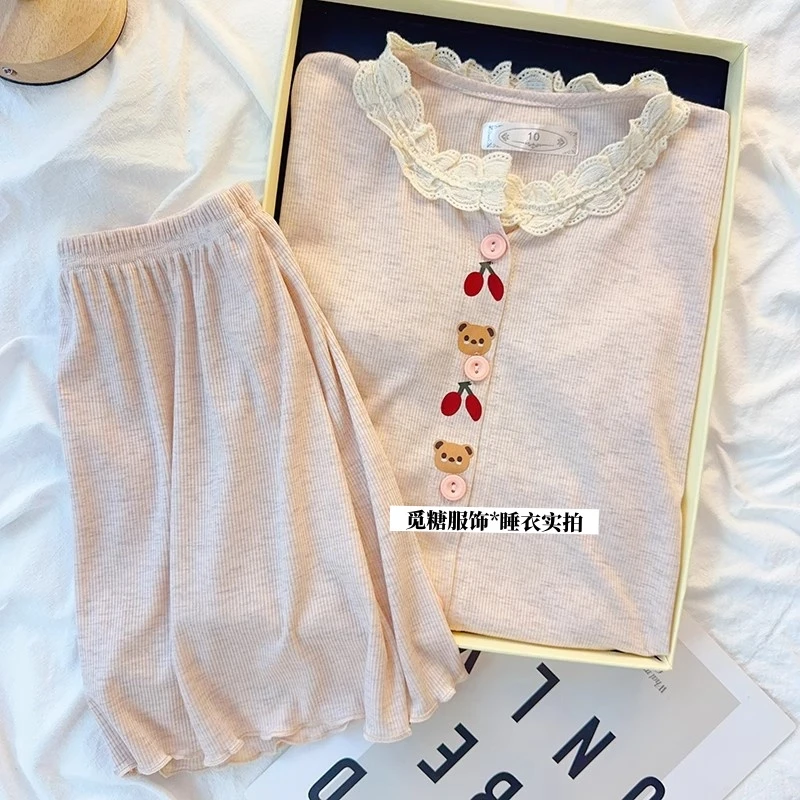 儿童睡衣莫代尔夏季薄款女童花边2025新款女孩中大童公主家居服