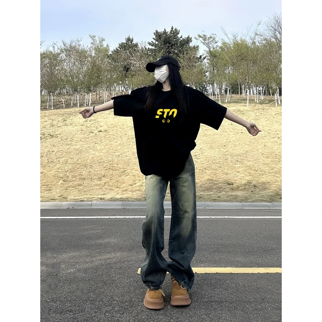 新款夏季设计感纯棉宽松短袖t恤韩版简约时尚印花休闲百搭上衣服