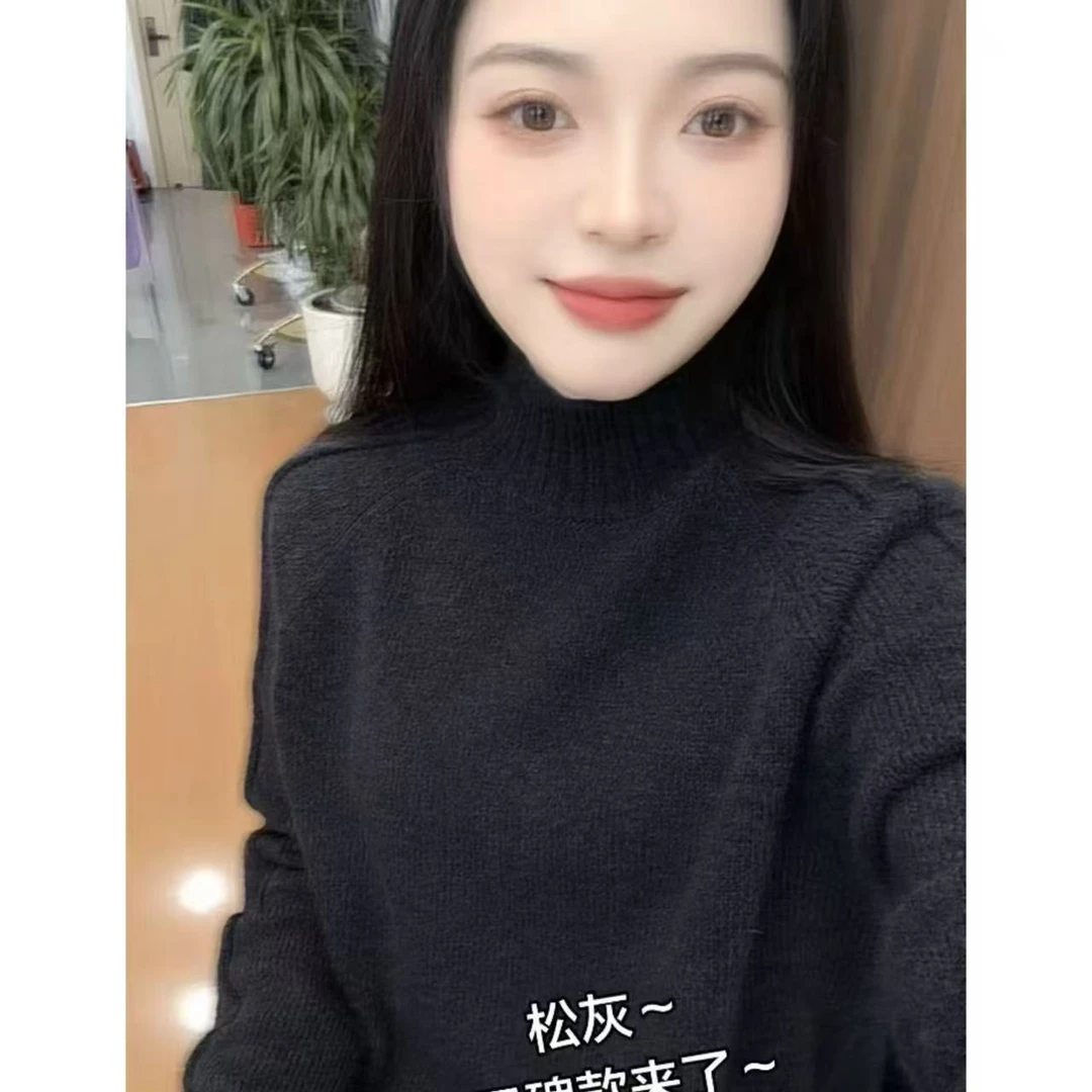 丽姐家~松灰针织时尚百搭女士半高领灰色圆领上衣