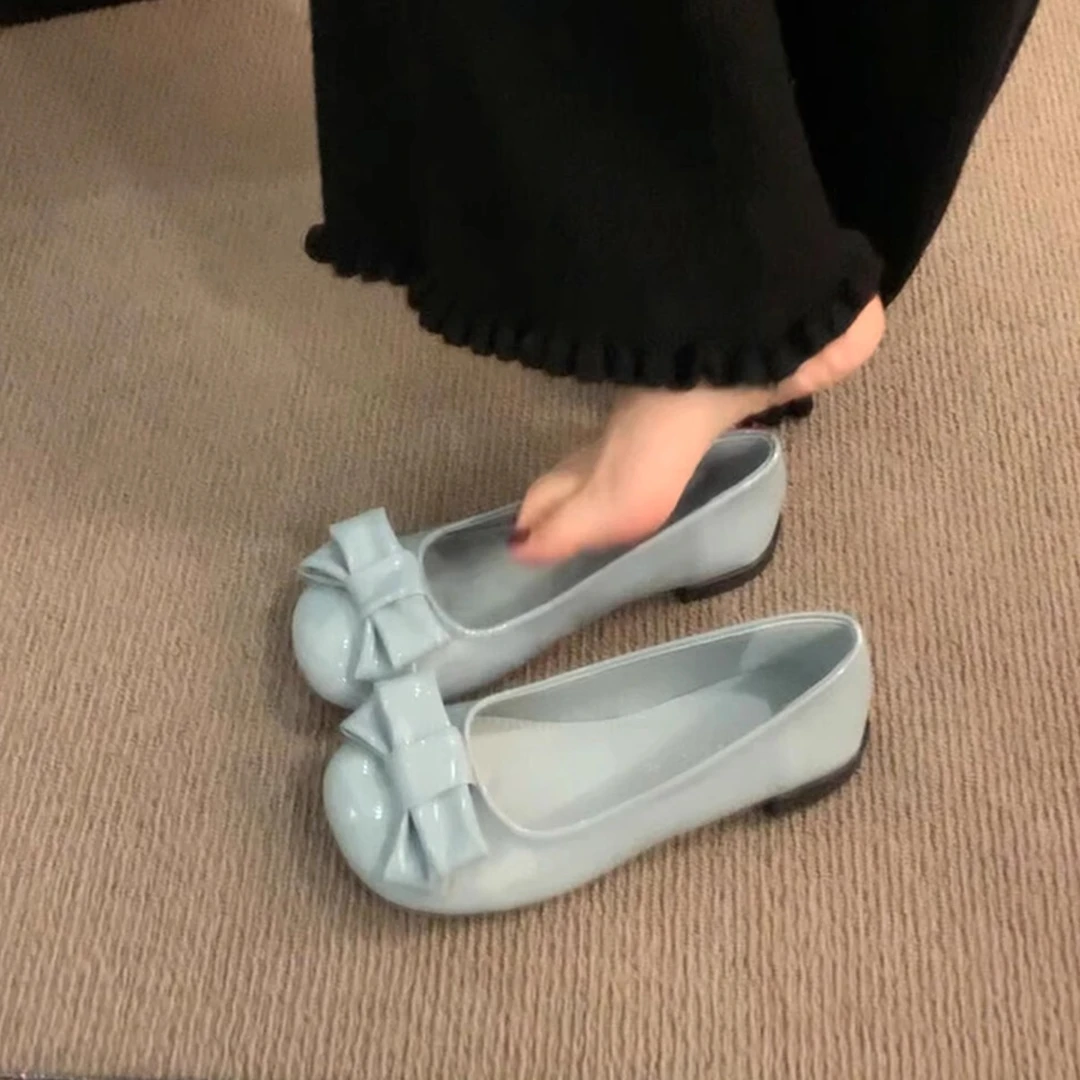羊皮版~法式可爱风浅口小单鞋女圆头一脚蹬芭蕾舞鞋蝴蝶结平底鞋