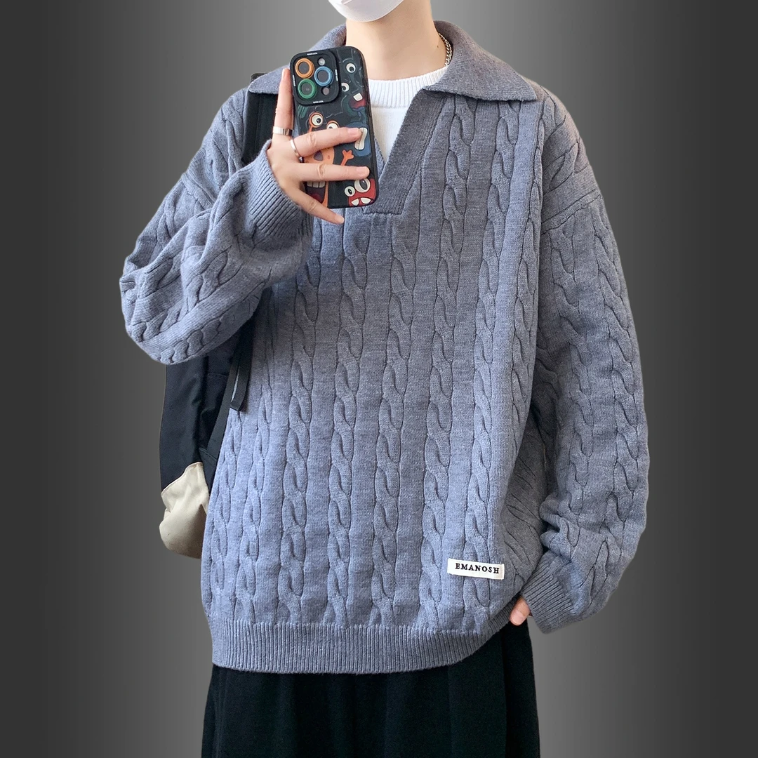 衬衫领毛衣男秋冬季2025新款假两件针织衫男上衣复古绞花翻领毛衫