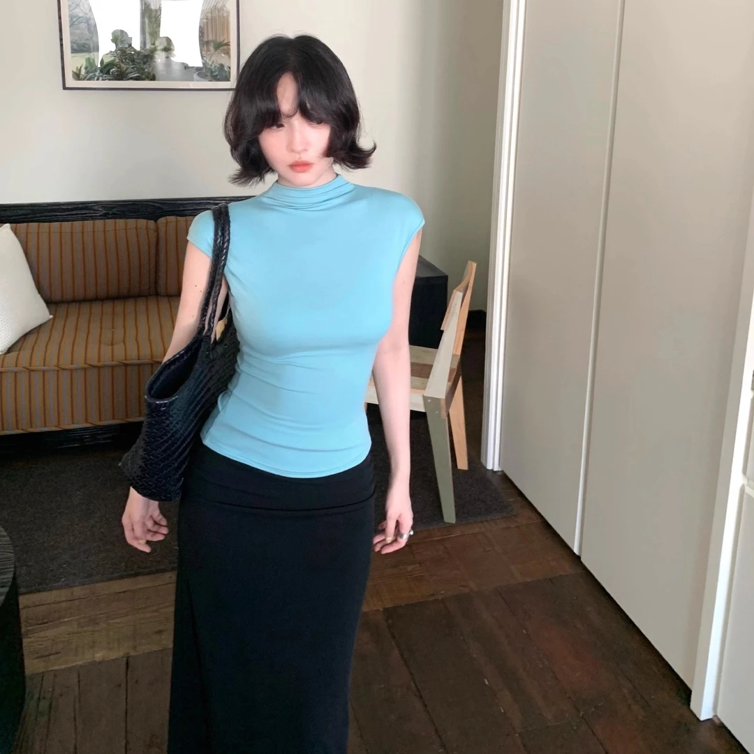 酒午自制【奶油糖霜】法式半高领短款T恤修身收腰紧身上衣女KLF4244