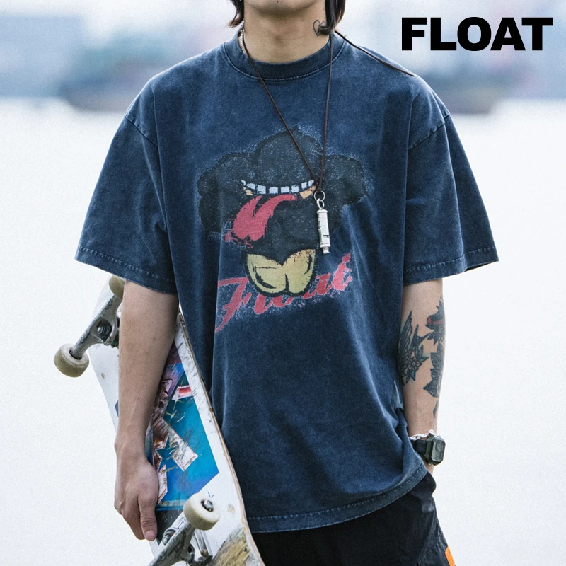 FLOAT蜡染水洗复古短袖25夏季新款潮流食人花印花纯棉男女休闲T恤