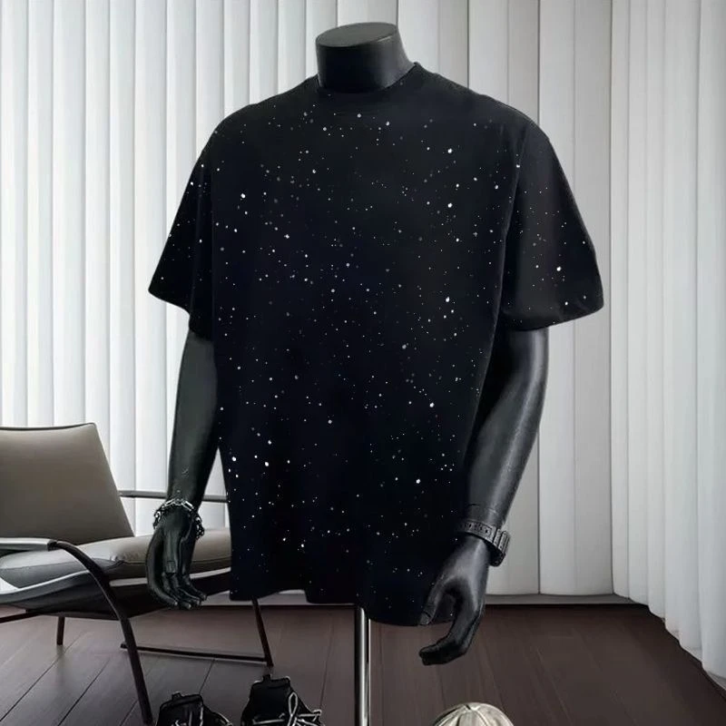 黑色星空亮钻短袖高级感痞帅男士潮牌满天星t恤纯棉半袖正肩T恤