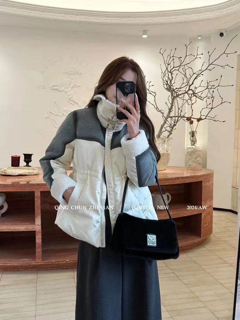厚款中长款短收腰时尚拼接外套