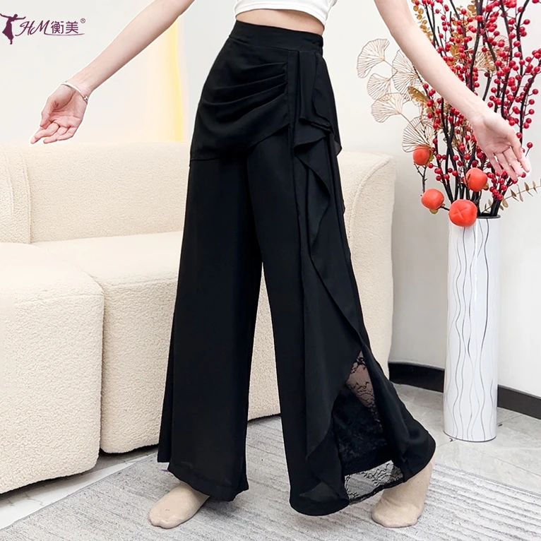 古典舞新款荷叶边黑色阔腿裤成人显瘦气质蕾丝拼接高腰形体练功裤