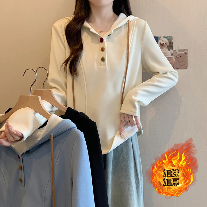 Q胖mm大码女百搭学院风加绒加厚休闲连帽卫衣上衣21057