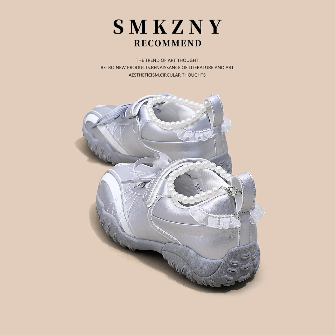 SMKZNY银色魔术贴德训鞋女夏季网纱薄款透气珍珠百搭厚底休闲运动