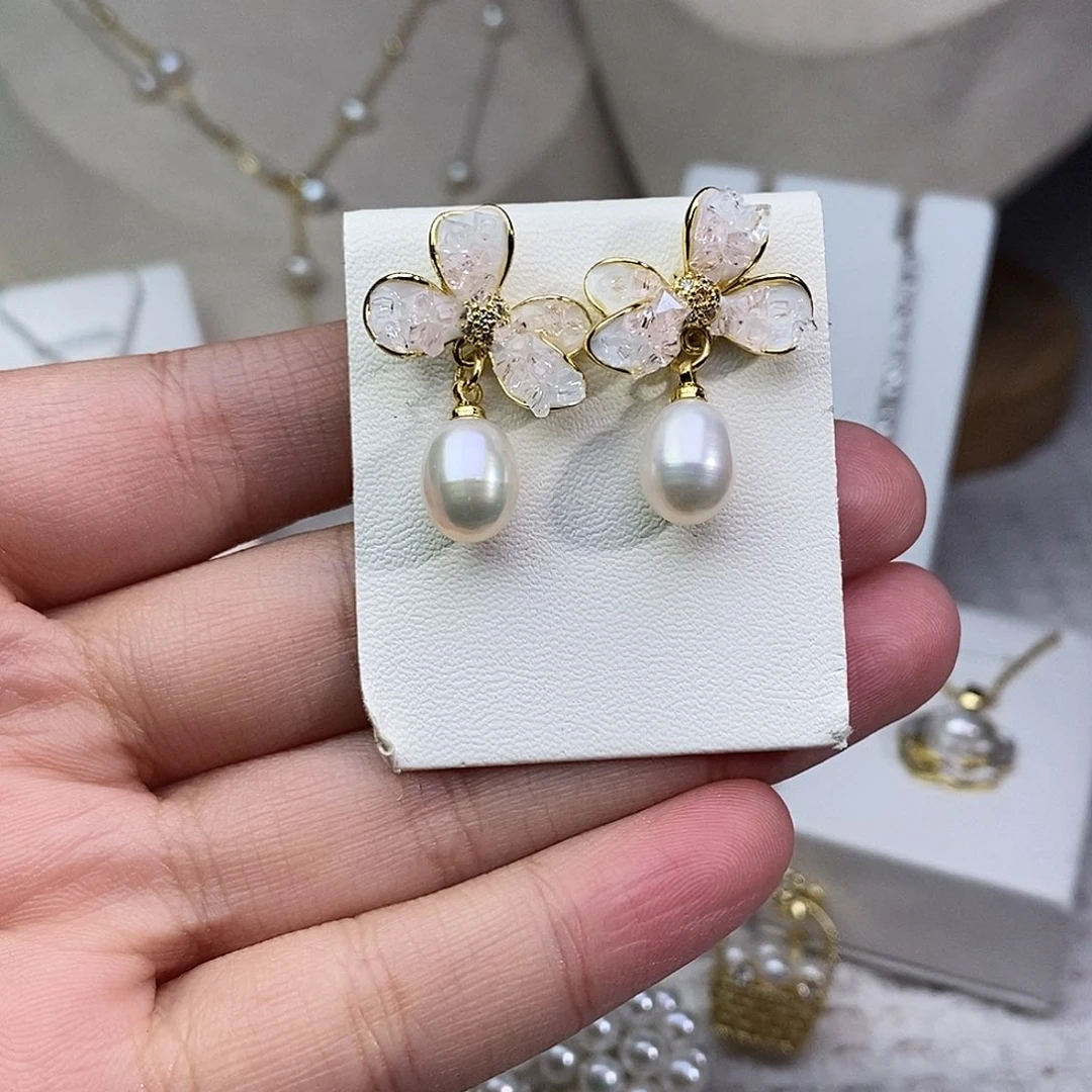 银S925镶嵌淡水珍珠耳饰