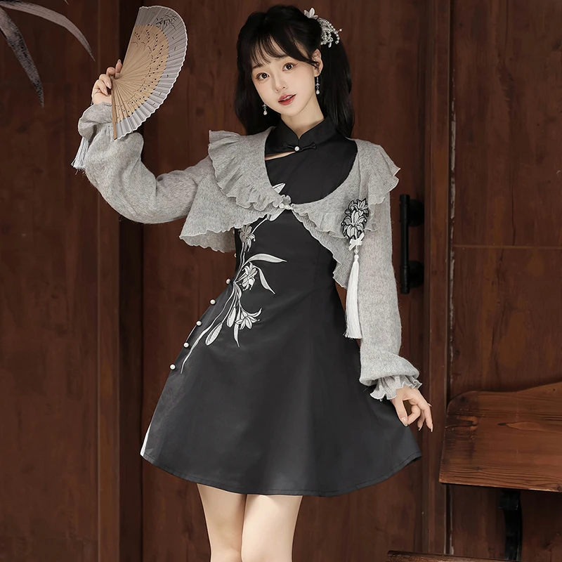 灰百合原创汉服女改良日常汉元素新中式少女国风连衣裙子外披套装