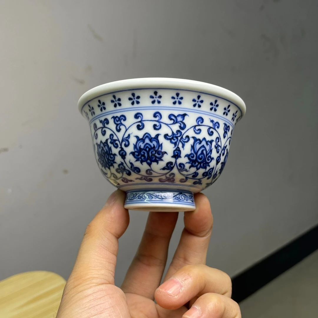 阿斌定制青花缠枝莲复刻级别压手杯家具日常使用收藏把玩件上班族