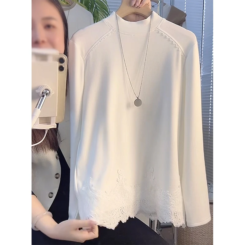 2025秋冬新款白色蕾丝花边拼接双面德绒气质百搭显瘦打底衫上衣潮