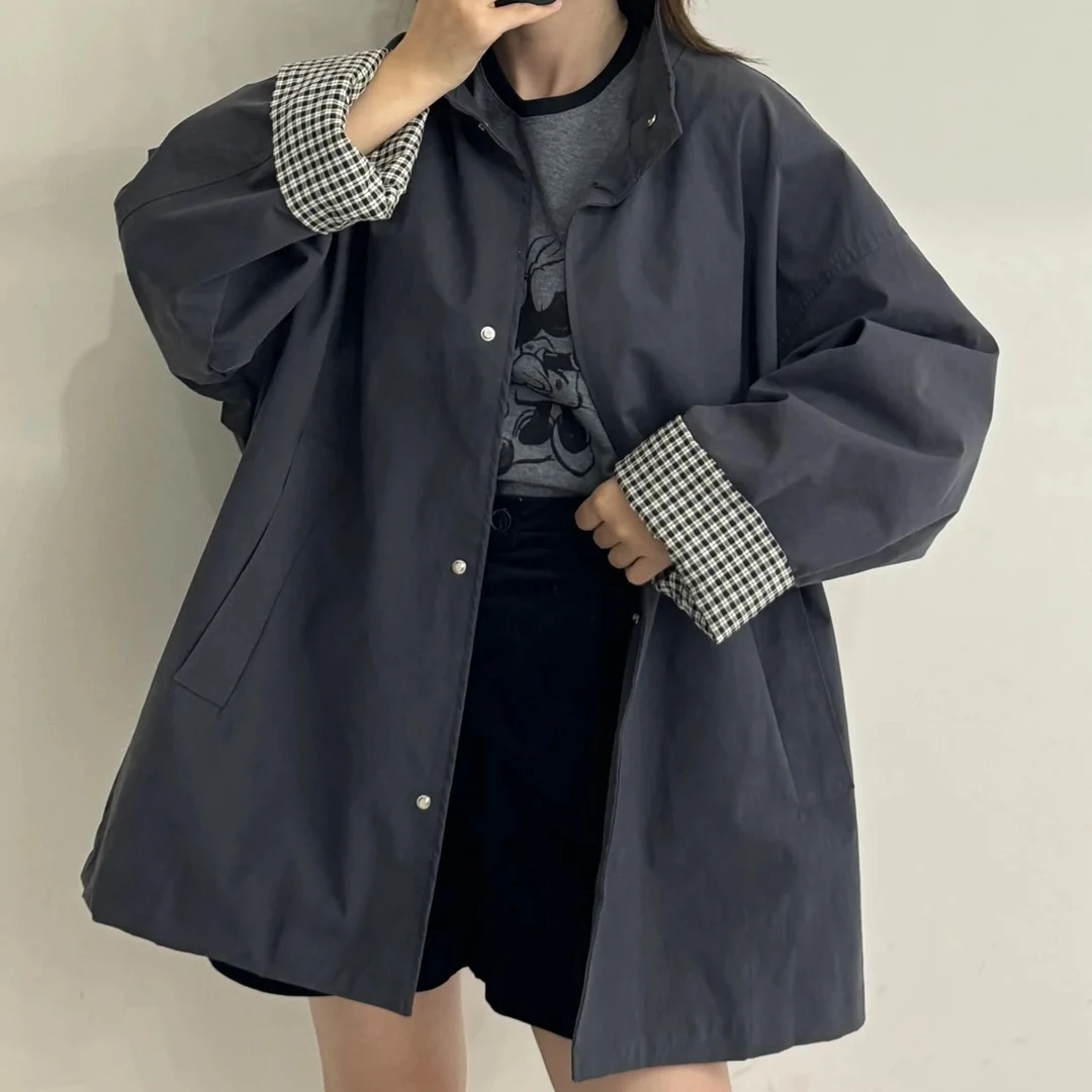 【美琪优选】二面穿女士大版宽松纯色格子风衣外套