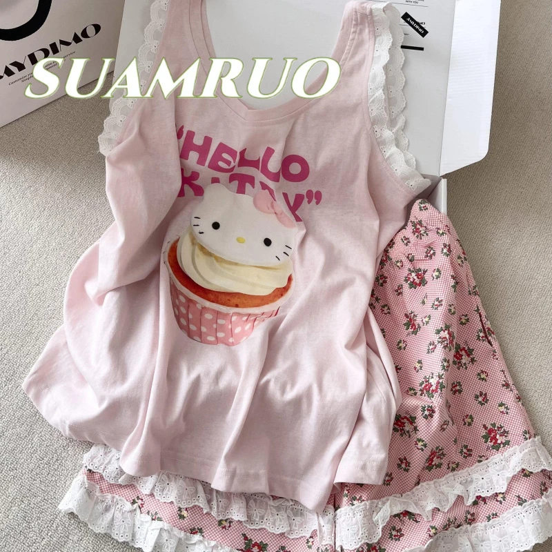 韩版小众甜美少女蛋糕Kitty吊带睡衣女夏季花边短裤家居服套装