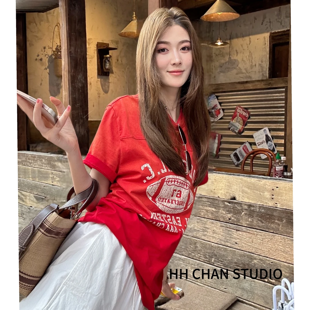 HH.CHAN“热情美式”100棉喷码流美式正肩红圆领短袖HH52D36265