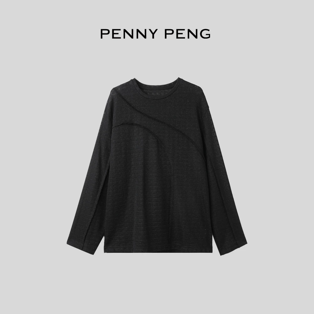 PENNYPENG 捕梦空间 黑色羊毛套头衫宽松休闲百搭圆领薄款长袖T恤