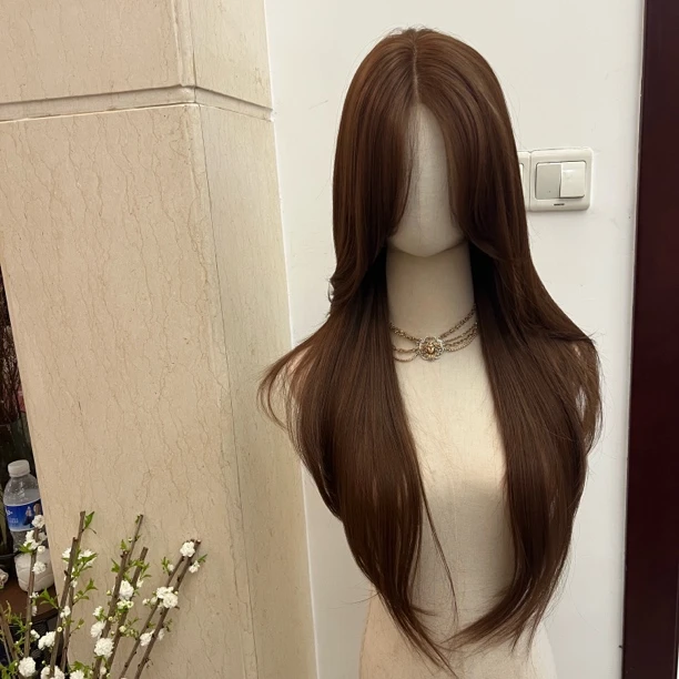 热迪专属破碎棕色直发高层次全头套进口发丝蕾丝假发70厘米