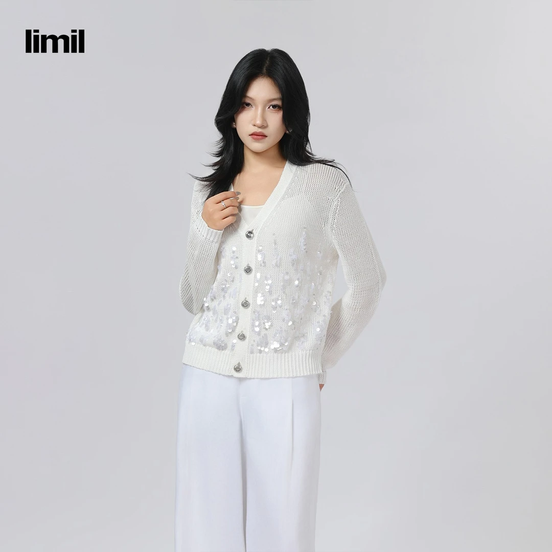 limil/丽米儿新款高级感白色百搭气质镂空珠片设计针织开衫948003