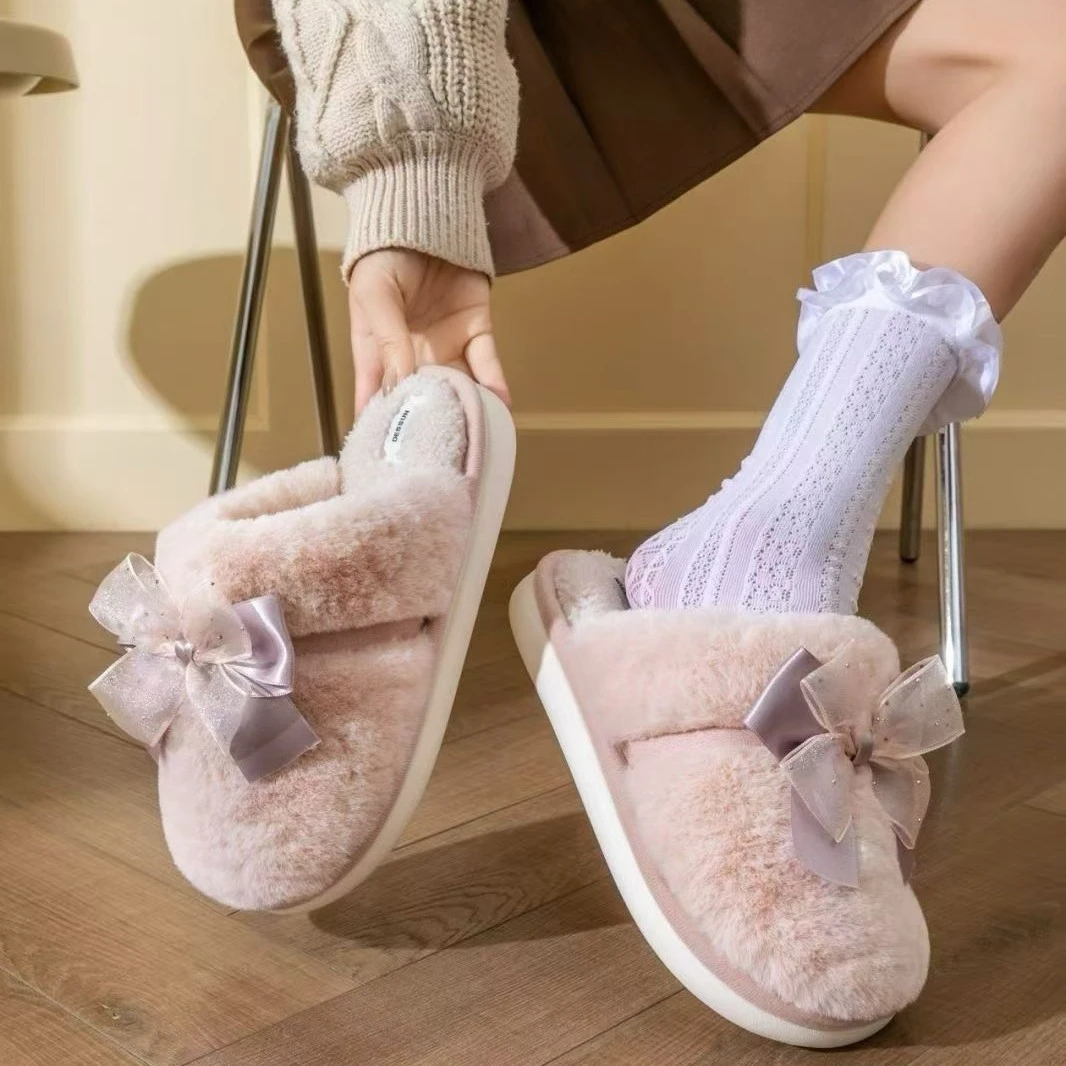 女士秋冬居家防滑保暖带蝴蝶结毛绒棉拖鞋居家家居拖鞋