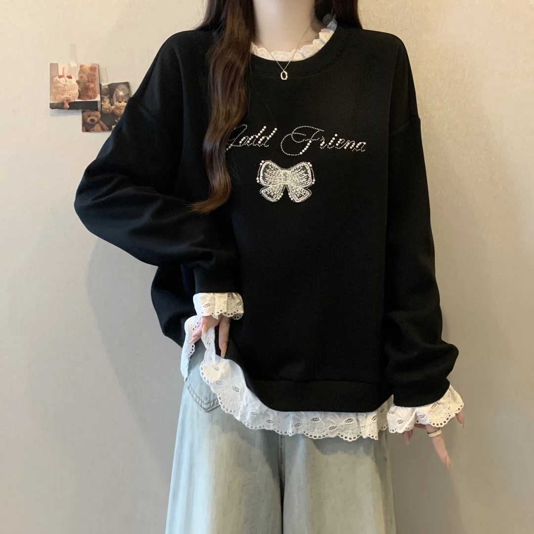 大码女装遮肚子慵懒圆领长袖卫衣女春秋胖mm宽松显瘦洋气蕾丝上衣