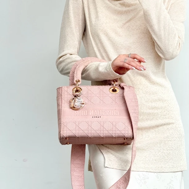 95新 DIOR/迪奥 dior蜜桃粉帆布刺绣五格戴妃包