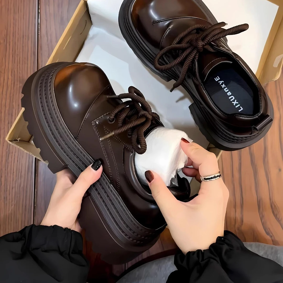 复古英伦风大头小皮鞋女2025春季新款厚底百搭系带乐福鞋增高单鞋