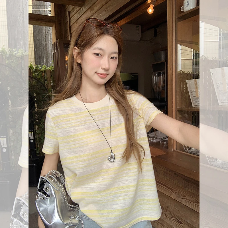 韩系撞色黄白条纹拼接设计感短袖T恤女夏季新款宽松正肩显瘦上衣
