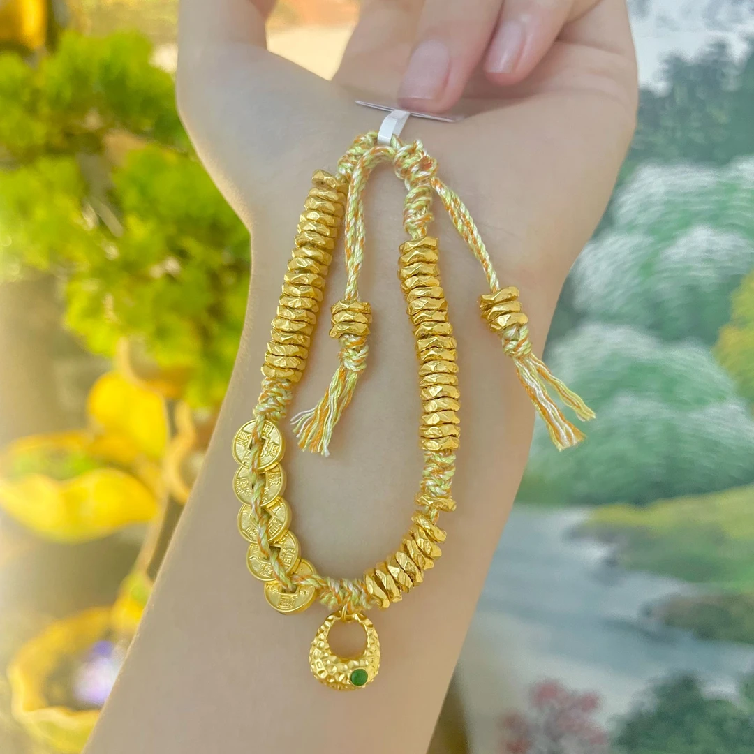 足金999 5D无氢精品工艺胖福五帝钱盘缠黄金手串手链彩色