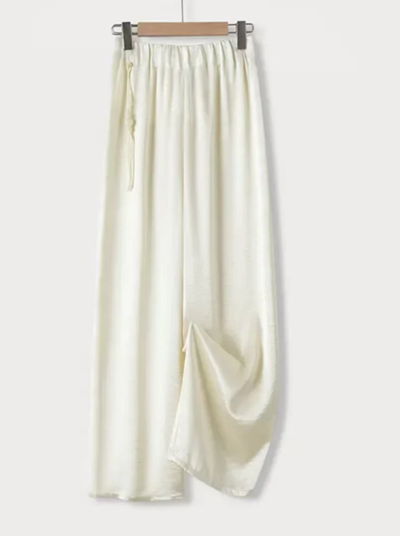 珍珠缎冰凉丝滑阔腿裤纯色女高腰休闲