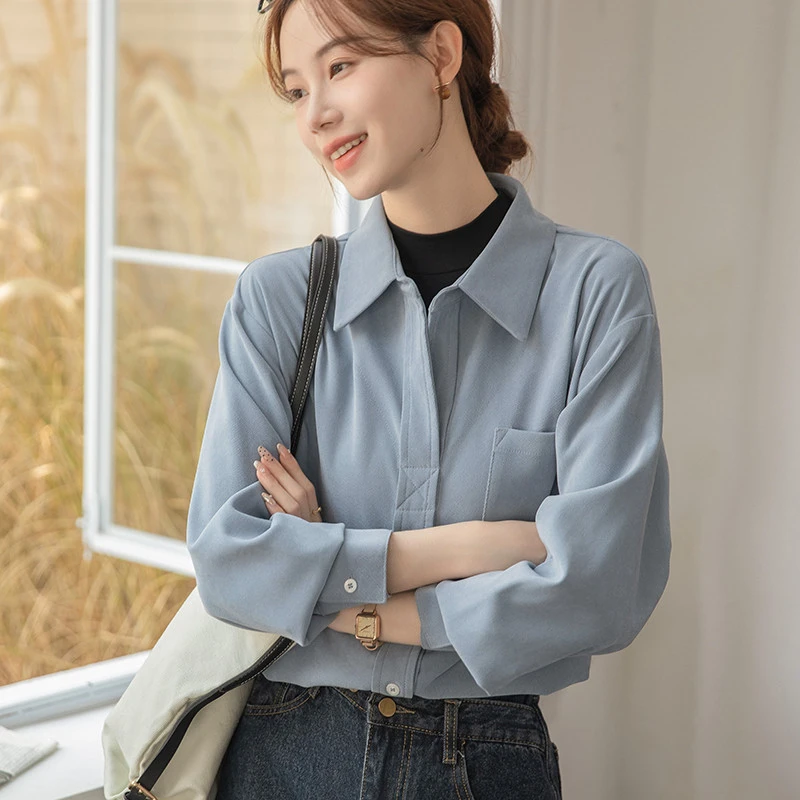 蓝色假两件穿搭磨毛衬衫女秋冬2025新款小众内搭高级感超好看上衣