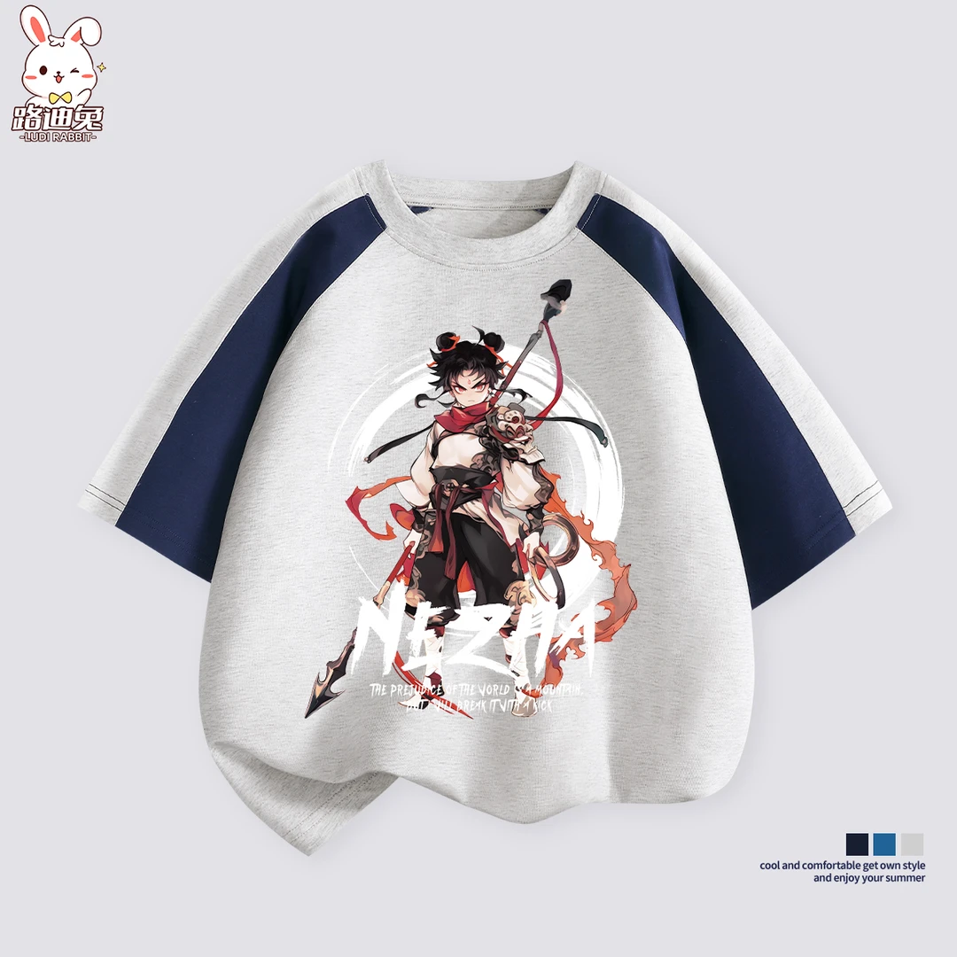 哪吒图案t恤儿童短袖男女孩网红同款半袖中大童夏季纯棉上衣服装T