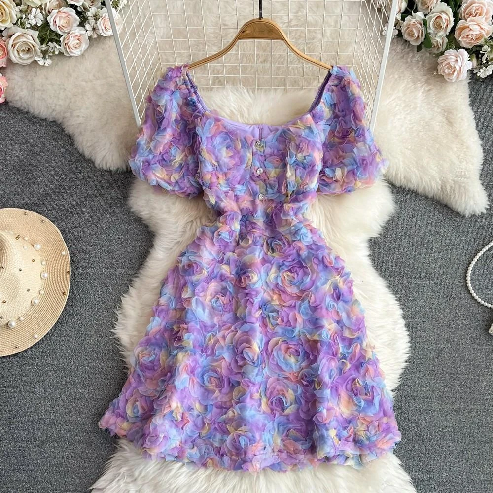 5398法式时尚气质超仙女森系紫色碎花连衣裙小个子收腰A字裙