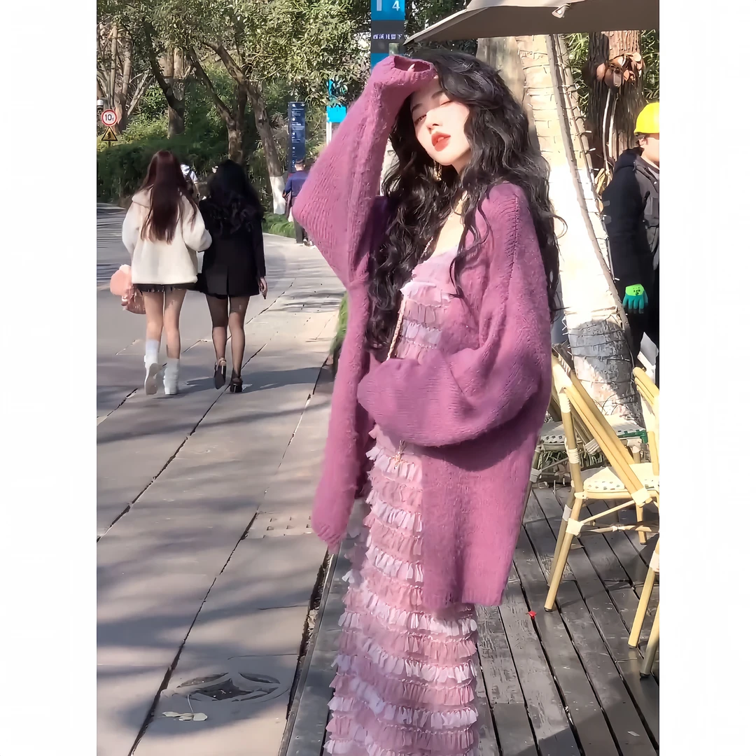 大码女装法式时尚连衣裙2025新款宽松显瘦毛衣外套吊带秋装长裙子