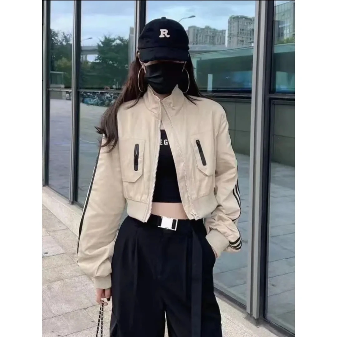 2025欧货新款时髦机车条杠后背字母外套女宽松百塔棒球服夹克上衣