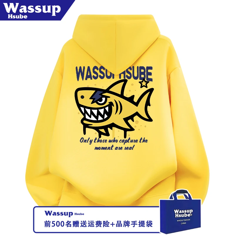 WASSUP HSUBE美式锯齿鲨鱼印花男女黄色卫衣秋冬加绒加厚连帽上衣
