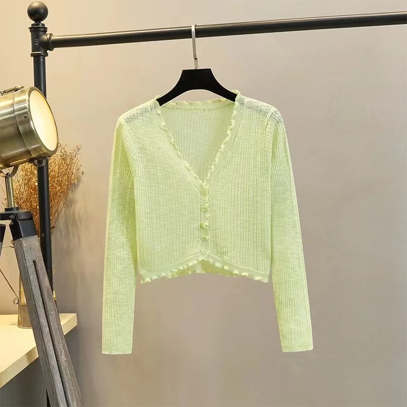 【cici专属】XR004木耳边长袖防晒针织开衫女搭配吊带罩衫外套上衣