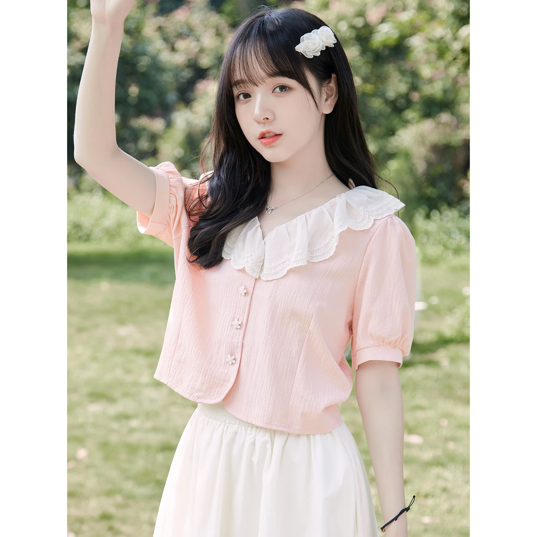 娃娃领衬衫女短袖夏季新款法式减龄设计感学生甜美气质短款上衣服