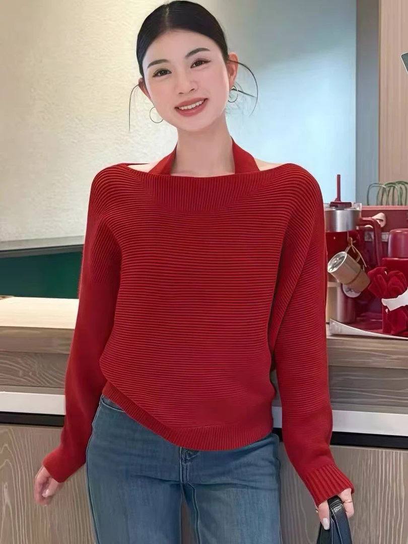 秋冬季韩系设计感挂脖露肩长袖T恤女黑色不对称百搭显瘦气质上衣