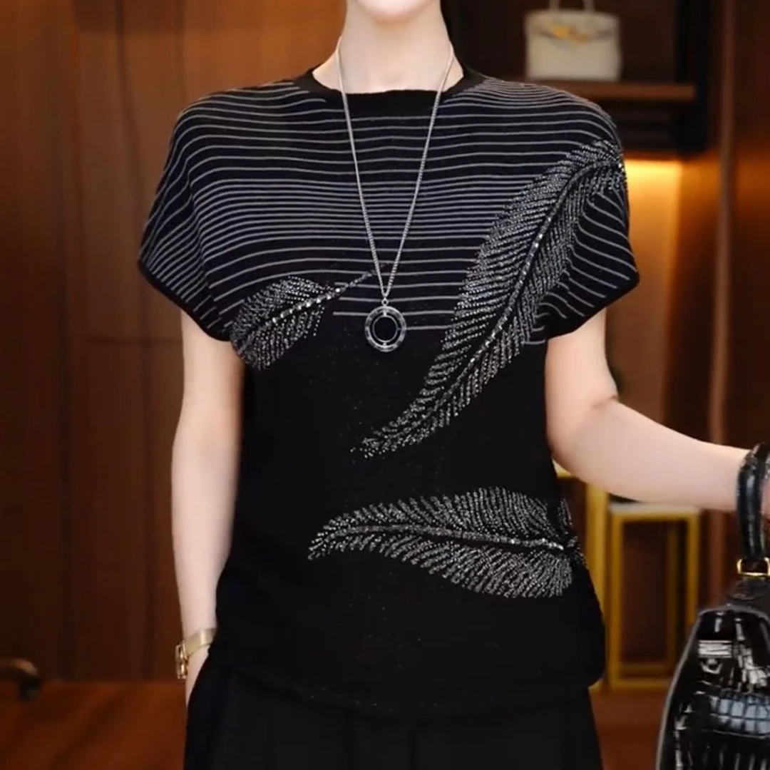 2025新款夏季宽松烫钻休闲短袖针织衫拼接显瘦上衣网红冰丝毛衣女