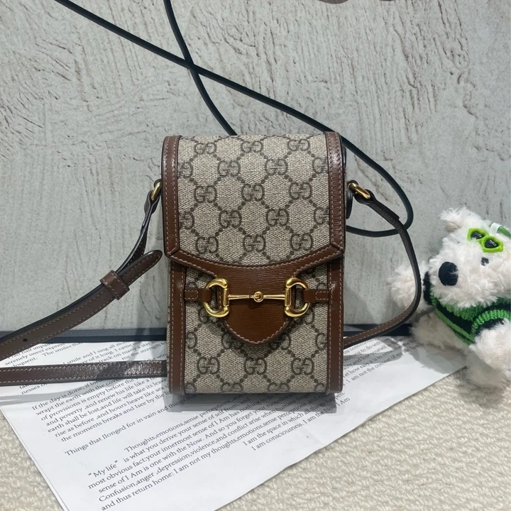 99新 GUCCI/古驰 1955马衔扣老花手机包斜挎包女士经典百搭单肩包