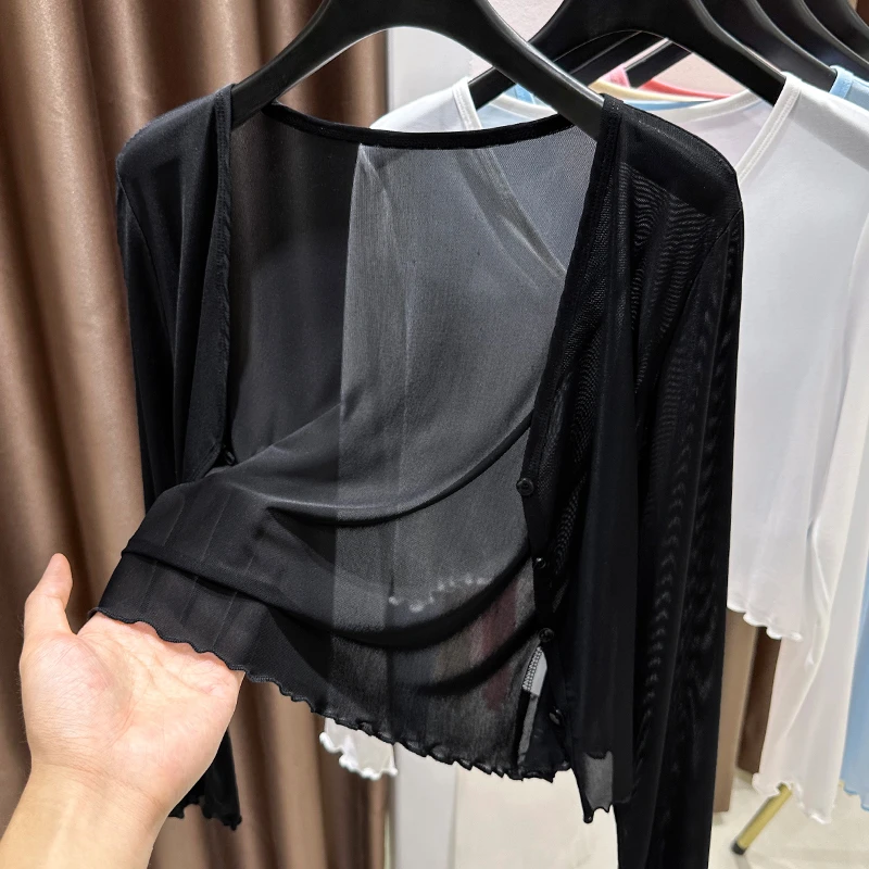 粉色木耳边网纱开衫女夏季配裙子万能小外搭坎肩轻薄透气空调罩衫